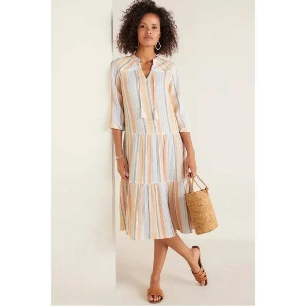 Soft Surroundings Midi Dress Medium Striped Cotton Gauze Multicolor Tiered